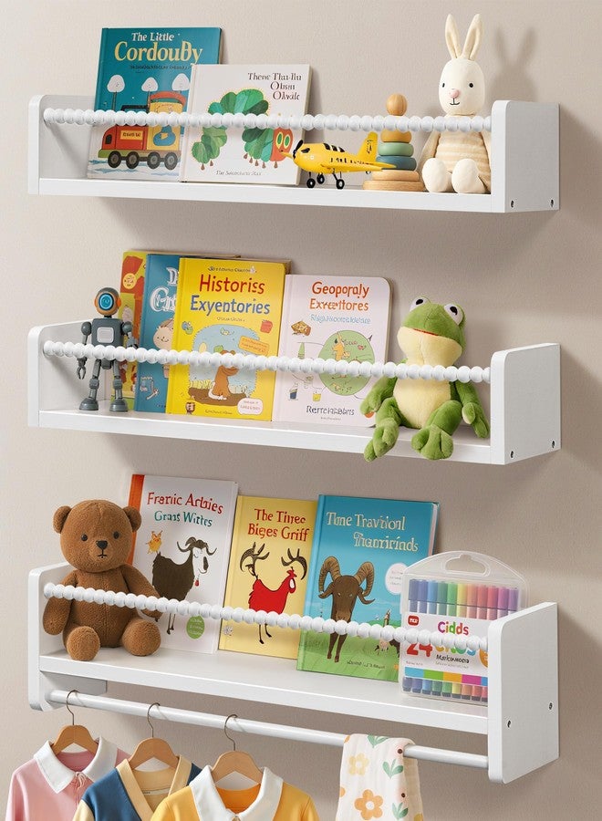 Maxpeuvon 23 Inch Kids Bookshelves Set of 3, Natural Wooden Floating Shelves Wall Mount Storage Organizer Shelf with Towel Bar Hanging Bookshelf for Kid Room Bedroom Living Room Decor, White - Image 1